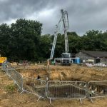 Schwing 28m pouring a reinforced Concrete basement slab in Mayfield East, Sussex